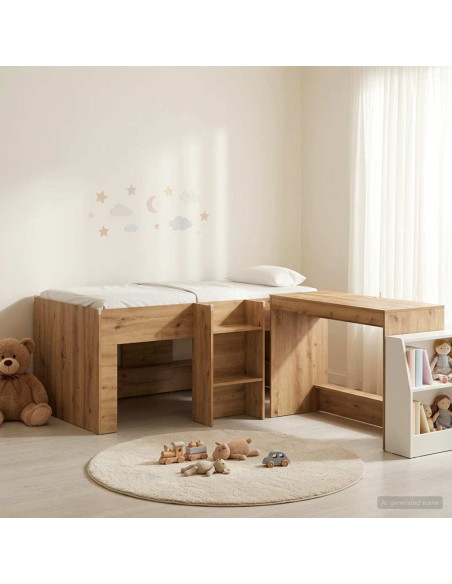 Letto alto per bambini con scrivania 2 pz Rovere Artigianale