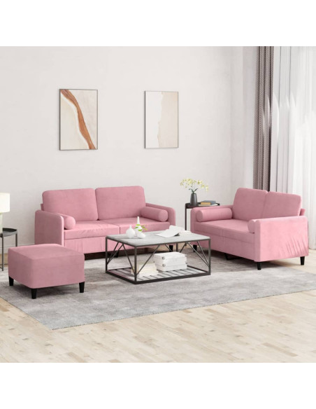 Set di Divani 3 pz con Cuscini Rosa in Velluto