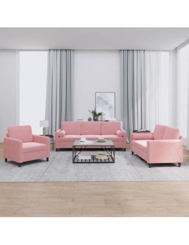 Set di Divani 3 pz con Cuscini Rosa in Velluto