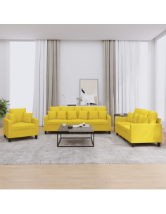 Set di Divani 3 pz con Cuscini Giallo Chiaro in Tessuto