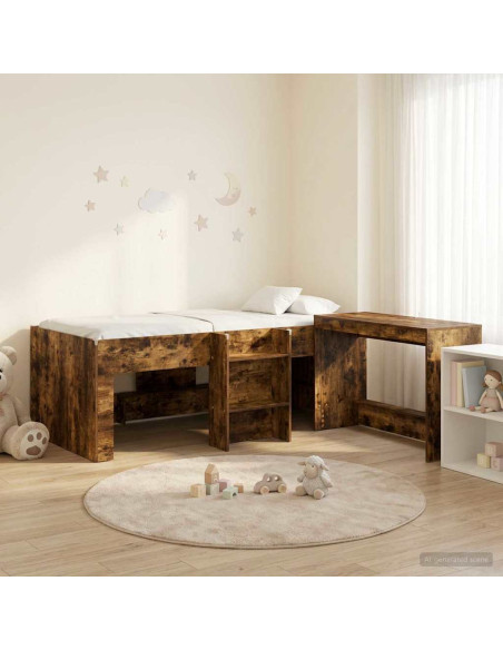Struttura del Letto con Scrivania 2 pz Rovere Fumo