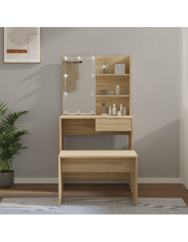 Set Tavolo da Toeletta con LED Rovere Sonoma Legno Multistrato
