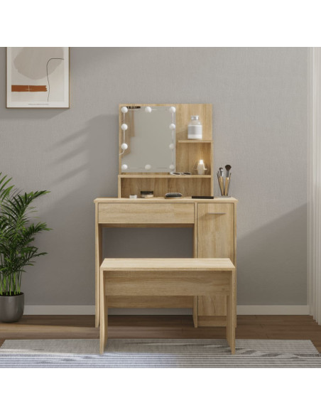 Set Tavolo da Toeletta con LED Rovere Sonoma Legno Multistrato