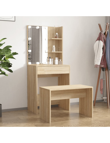 Set Tavolo da Toeletta con LED Rovere Sonoma Legno Multistrato