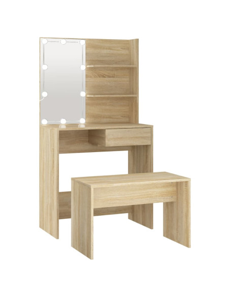 Set Tavolo da Toeletta con LED Rovere Sonoma Legno Multistrato