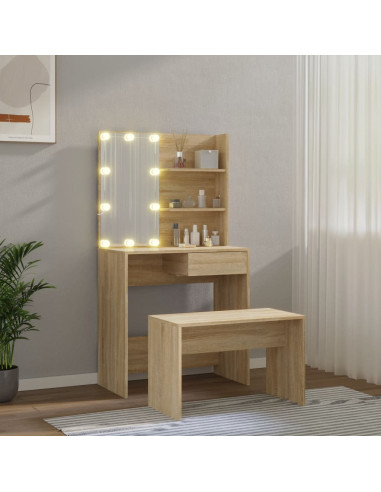 Set Tavolo da Toeletta con LED Rovere Sonoma Legno Multistrato
