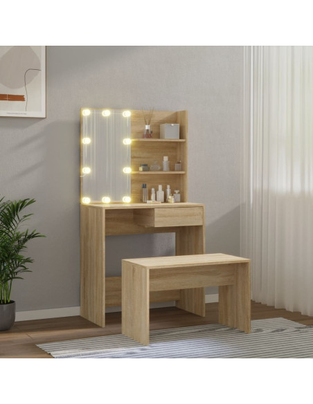 Set Tavolo da Toeletta con LED Rovere Sonoma Legno Multistrato
