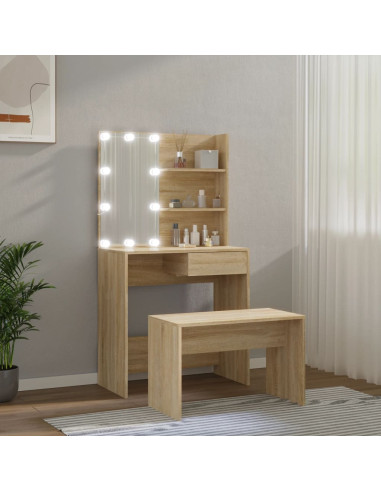 Set Tavolo da Toeletta con LED Rovere Sonoma Legno Multistrato