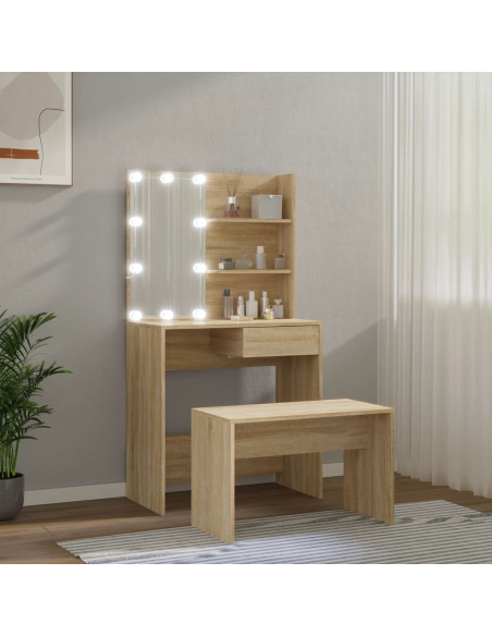 Set Tavolo da Toeletta con LED Rovere Sonoma Legno Multistrato