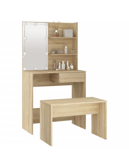 Set Tavolo da Toeletta con LED Rovere Sonoma Legno Multistrato