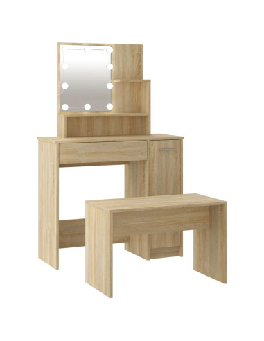 Set Tavolo da Toeletta con LED Rovere Sonoma Legno Multistrato