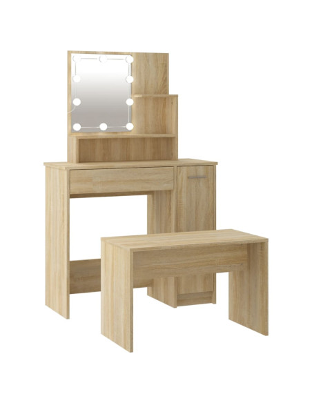 Set Tavolo da Toeletta con LED Rovere Sonoma Legno Multistrato