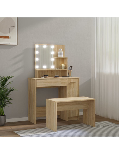 Set Tavolo da Toeletta con LED Rovere Sonoma Legno Multistrato