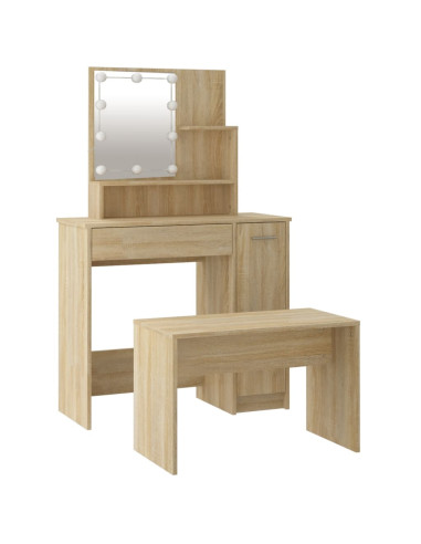 Set Tavolo da Toeletta con LED Rovere Sonoma Legno Multistrato