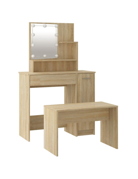 Set Tavolo da Toeletta con LED Rovere Sonoma Legno Multistrato