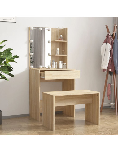 Set Tavolo da Toeletta con LED Rovere Sonoma Legno Multistrato