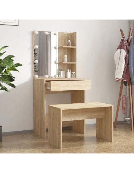 Set Tavolo da Toeletta con LED Rovere Sonoma Legno Multistrato