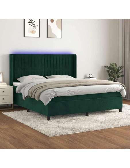 Letto a Molle con Materasso e LED Verde Scuro 180x200cm Velluto