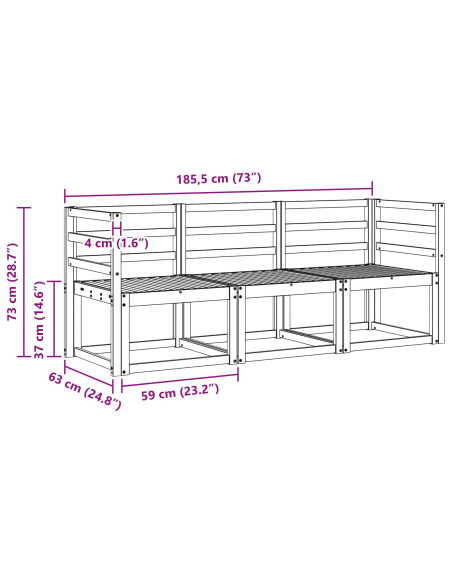 Set di divani da esterno 3 pcs Bianco 185,5 x 63 x 73 cm