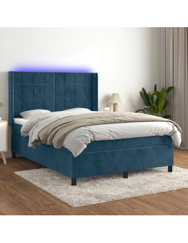 Letto a Molle con Materasso e LED Blu Scuro 140x190 cm