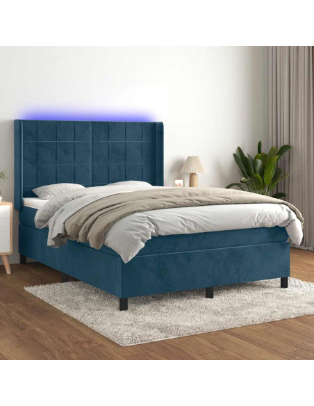 Letto a Molle con Materasso e LED Blu Scuro 140x200 cm