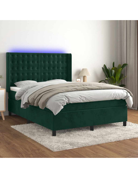 Letto a Molle con Materasso e LED Verde Scuro 140x190cm Velluto