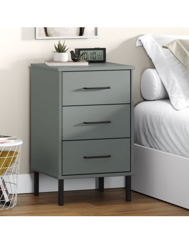 Comodino con Gambe in Metallo Grigio Legno Massello Pino OSLO