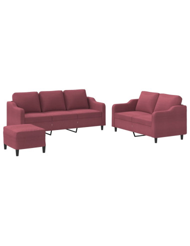 Set di Divani 3 pz con Cuscini Rosso Vino in Tessuto