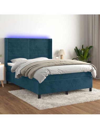 Letto a Molle con Materasso e LED Blu Scuro 140x190 cm