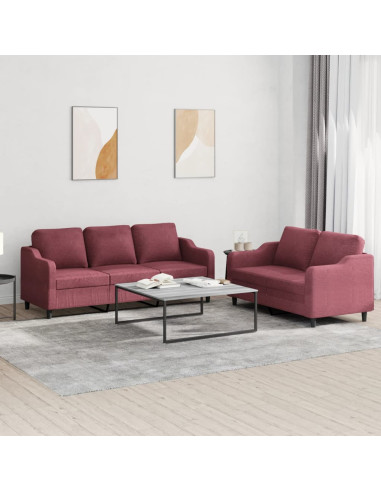 Set di Divani 2 pz con Cuscini Rosso Vino in Tessuto