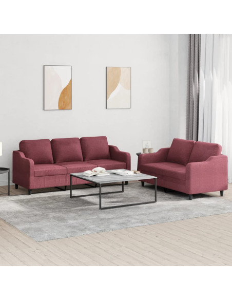Set di Divani 2 pz con Cuscini Rosso Vino in Tessuto