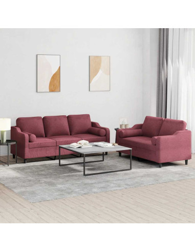 Set di Divani 2 pz con Cuscini Rosso Vino in Tessuto