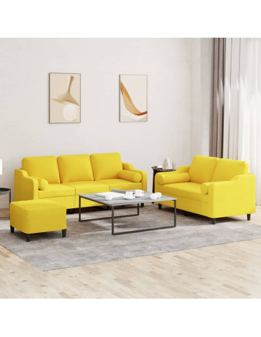 Set di Divani 3 pz con Cuscini Giallo Chiaro in Tessuto
