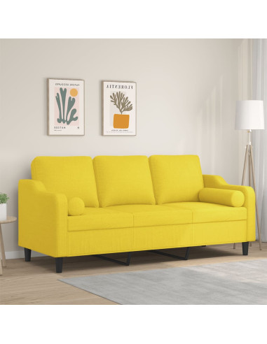 Divano a 3 Posti con Cuscini Giallo Chiaro 180 cm in Tessuto