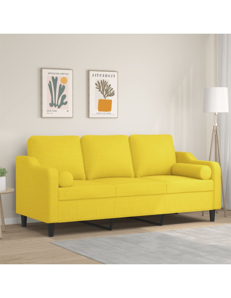 Divano a 3 Posti con Cuscini Giallo Chiaro 180 cm in Tessuto