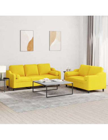 Set di Divani 2 pz con Cuscini Giallo Chiaro in Tessuto