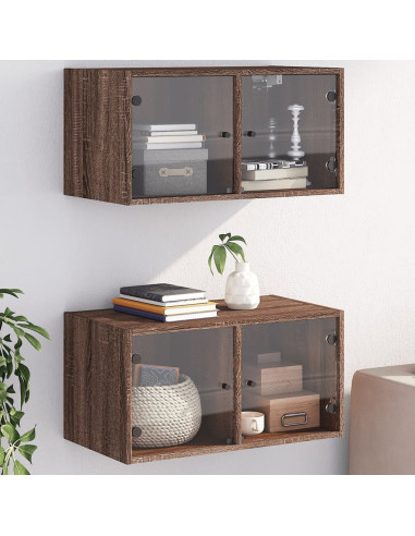 Mobili a Muro con Ante in Vetro 2pz Rovere Marrone 68,5x37x35cm
