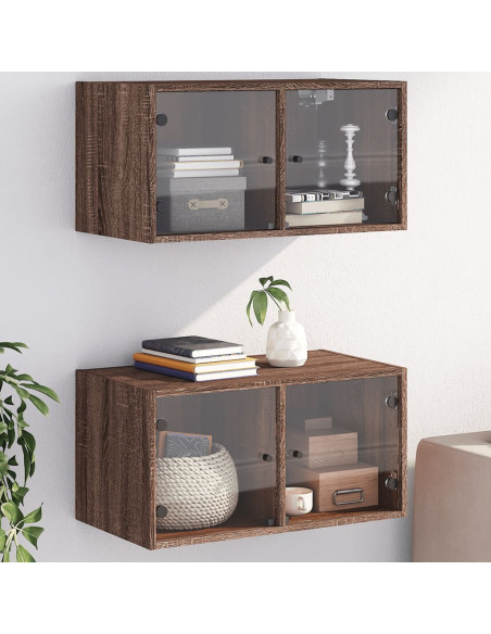 Mobili a Muro con Ante in Vetro 2pz Rovere Marrone 68,5x37x35cm
