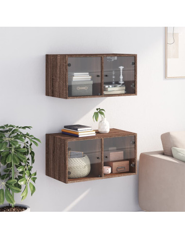 Mobili a Muro con Ante in Vetro 2pz Rovere Marrone 68,5x37x35cm