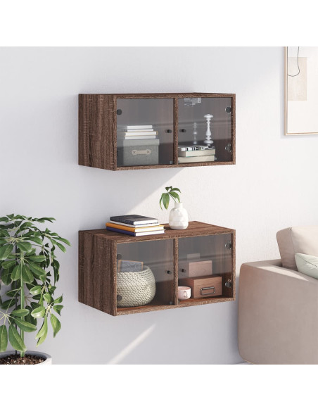 Mobili a Muro con Ante in Vetro 2pz Rovere Marrone 68,5x37x35cm