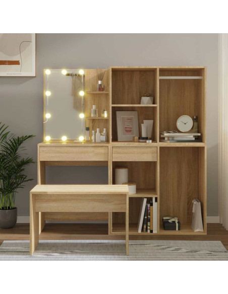 Set Tavolo da Toeletta con LED Rovere Sonoma Legno Multistrato