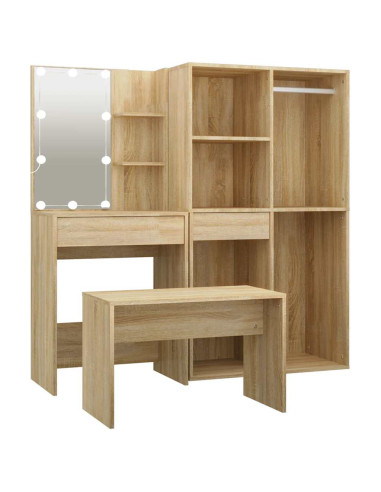 Set Tavolo da Toeletta con LED Rovere Sonoma Legno Multistrato