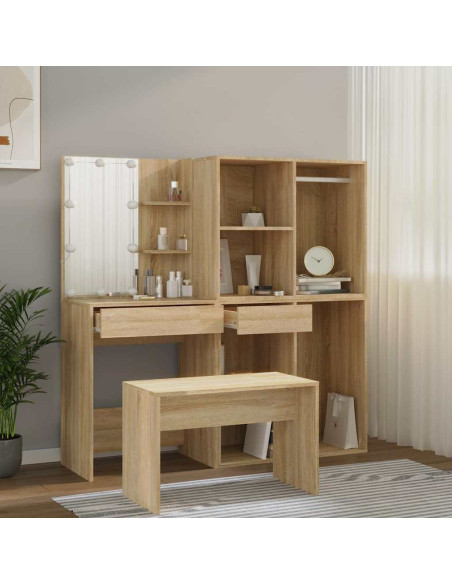 Set Tavolo da Toeletta con LED Rovere Sonoma Legno Multistrato
