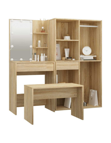 Set Tavolo da Toeletta con LED Rovere Sonoma Legno Multistrato