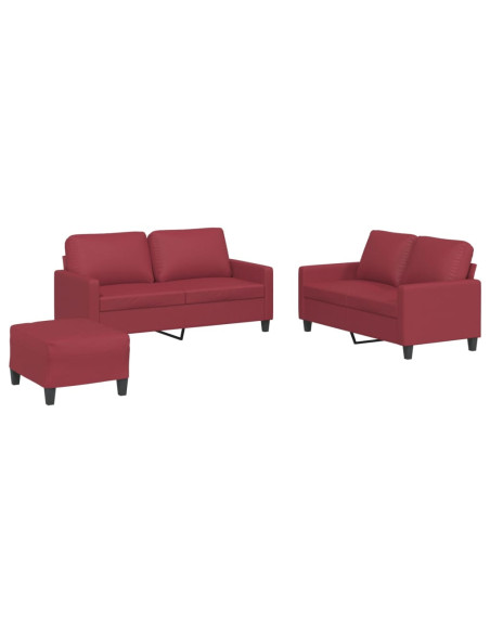 Set di Divani 3 pz con Cuscini Rosso Vino in Similpelle