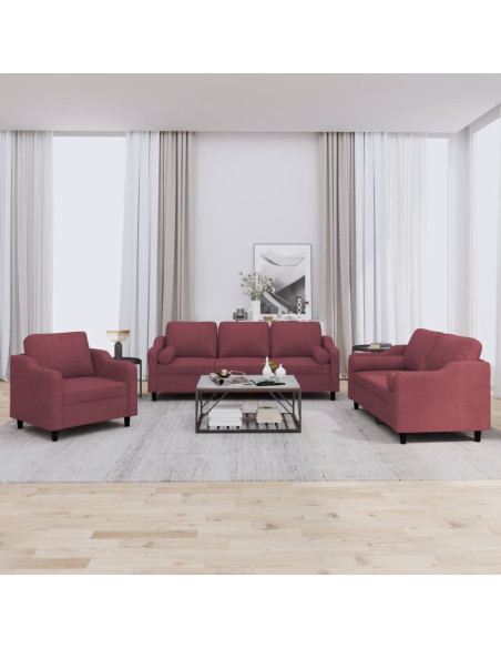 Set di Divani 3 pz con Cuscini Rosso Vino in Tessuto
