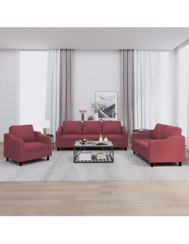 Set di Divani 3 pz con Cuscini Rosso Vino in Tessuto
