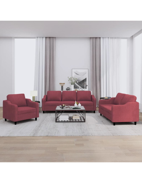 Set di Divani 3 pz con Cuscini Rosso Vino in Tessuto