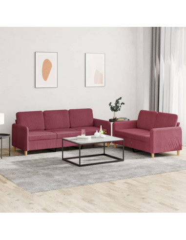 Set di Divani 2 pz con Cuscini Rosso Vino in Tessuto