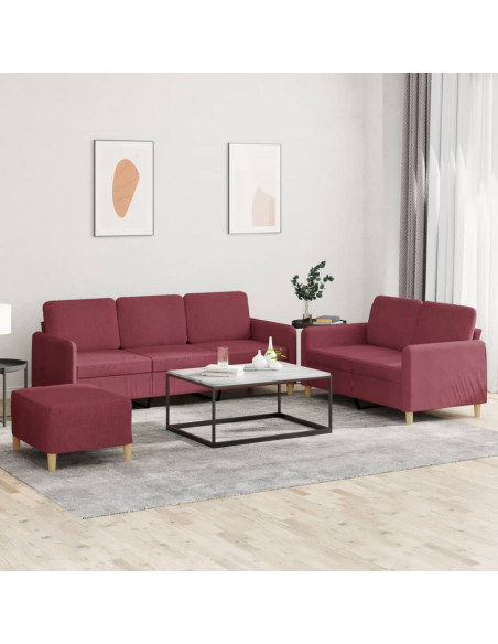 Set di Divani 3 pz con Cuscini Rosso Vino in Tessuto